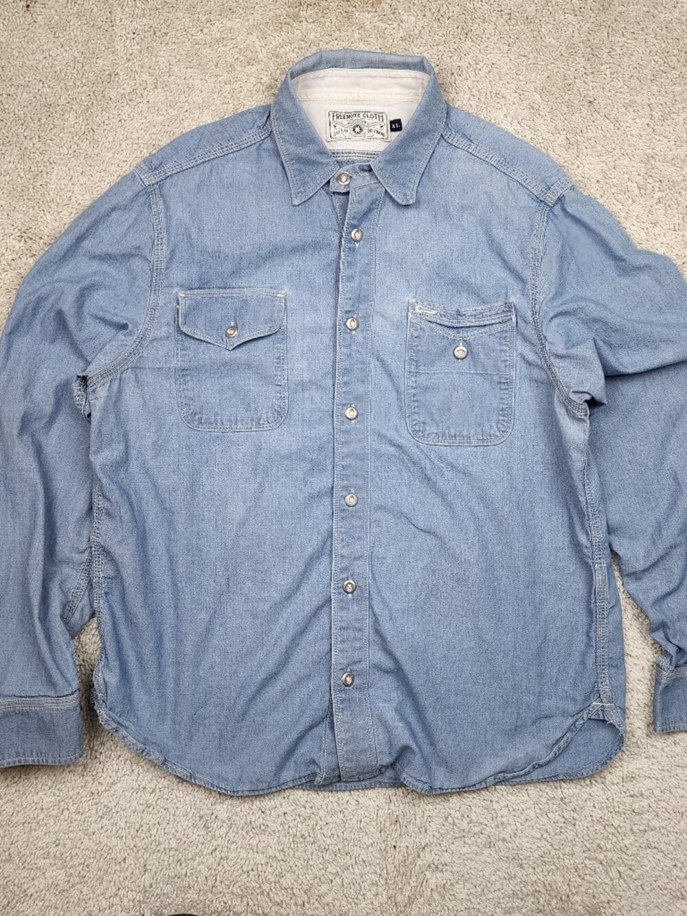 Freenote Cloth Woven Shirt Size XL Blue Chambray Cotton Denim Metal Button USA
